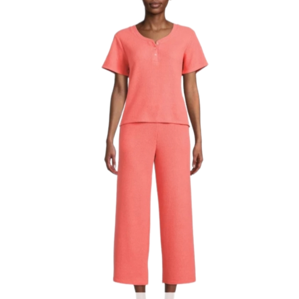 Secret Treasures Hacci Waffle Henley Top Wide Leg Pant Pajama Set Womens Size ML